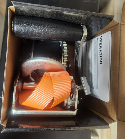 Hand Crank Winch with 15' Strap & Bow Loop (900 lbs, 6.5" Handle) #25002